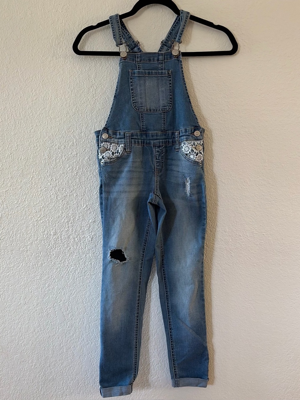 Justice girl size 8 Blue Denim Overalls Jeans with Lace Pocket Detail mid rise